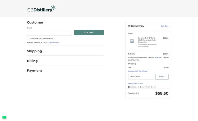 CBDistillery checkout page showing CBDistillery coupon code box | Screenshot taken by SimplyCodes community member on Aug 11, 2025