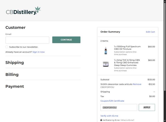 CBDistillery checkout page showing CBDistillery coupon code box | Screenshot taken by SimplyCodes community member on Jul 12, 2025