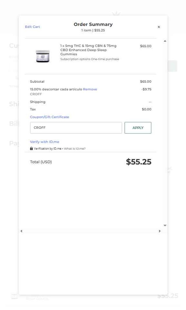 CBDistillery checkout page showing CBDistillery coupon code box | Screenshot taken by SimplyCodes community member on Aug 11, 2025