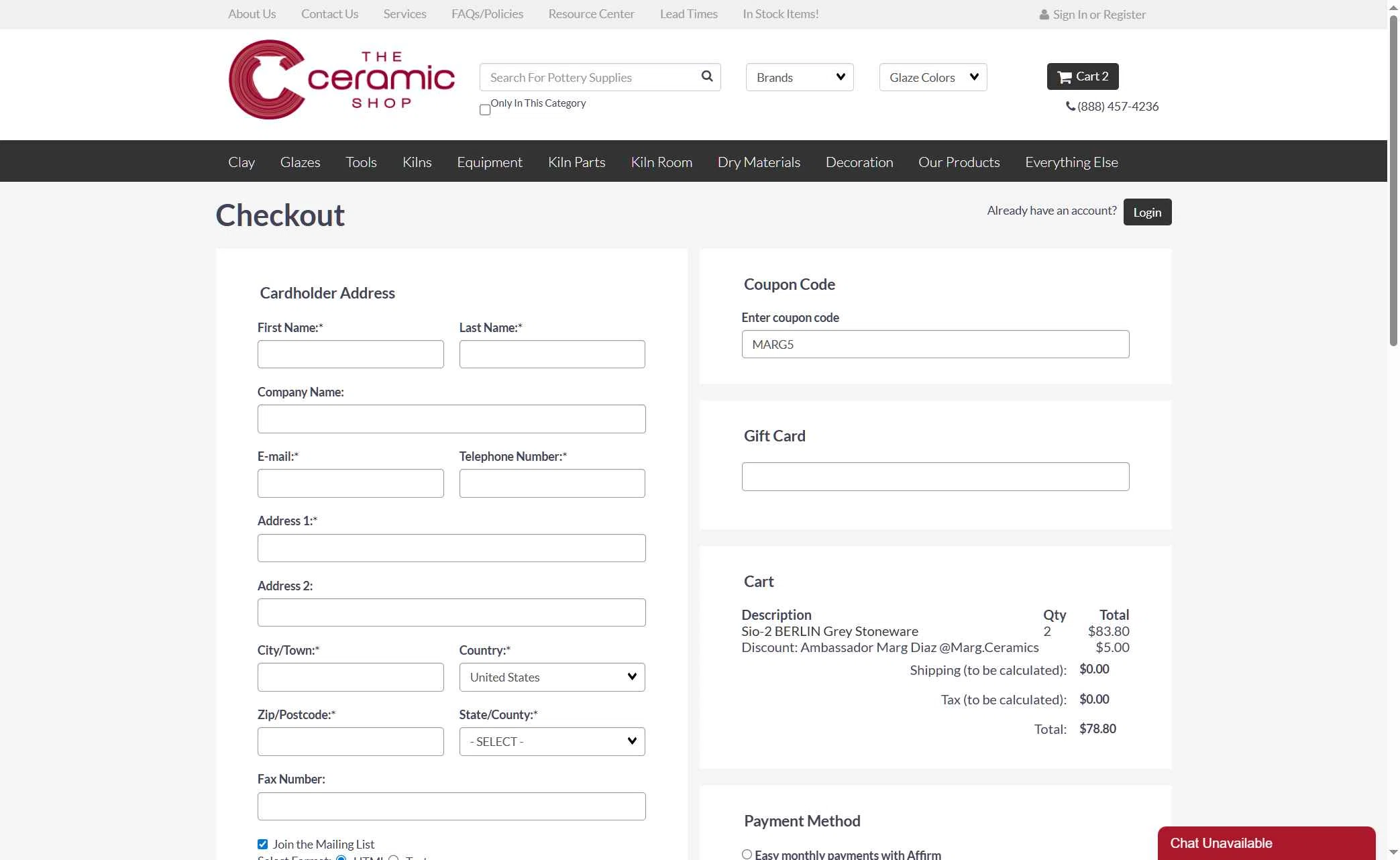 The Ceramic Shop checkout page showing The Ceramic Shop coupon code box | Screenshot taken by SimplyCodes community member on Dec 11, 2025