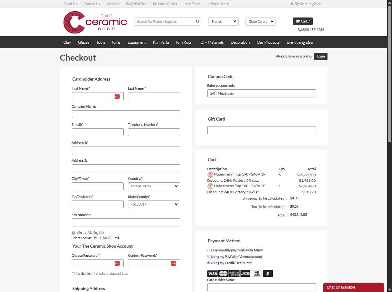 The Ceramic Shop checkout page showing The Ceramic Shop coupon code box | Screenshot taken by SimplyCodes community member on Dec 3, 2025