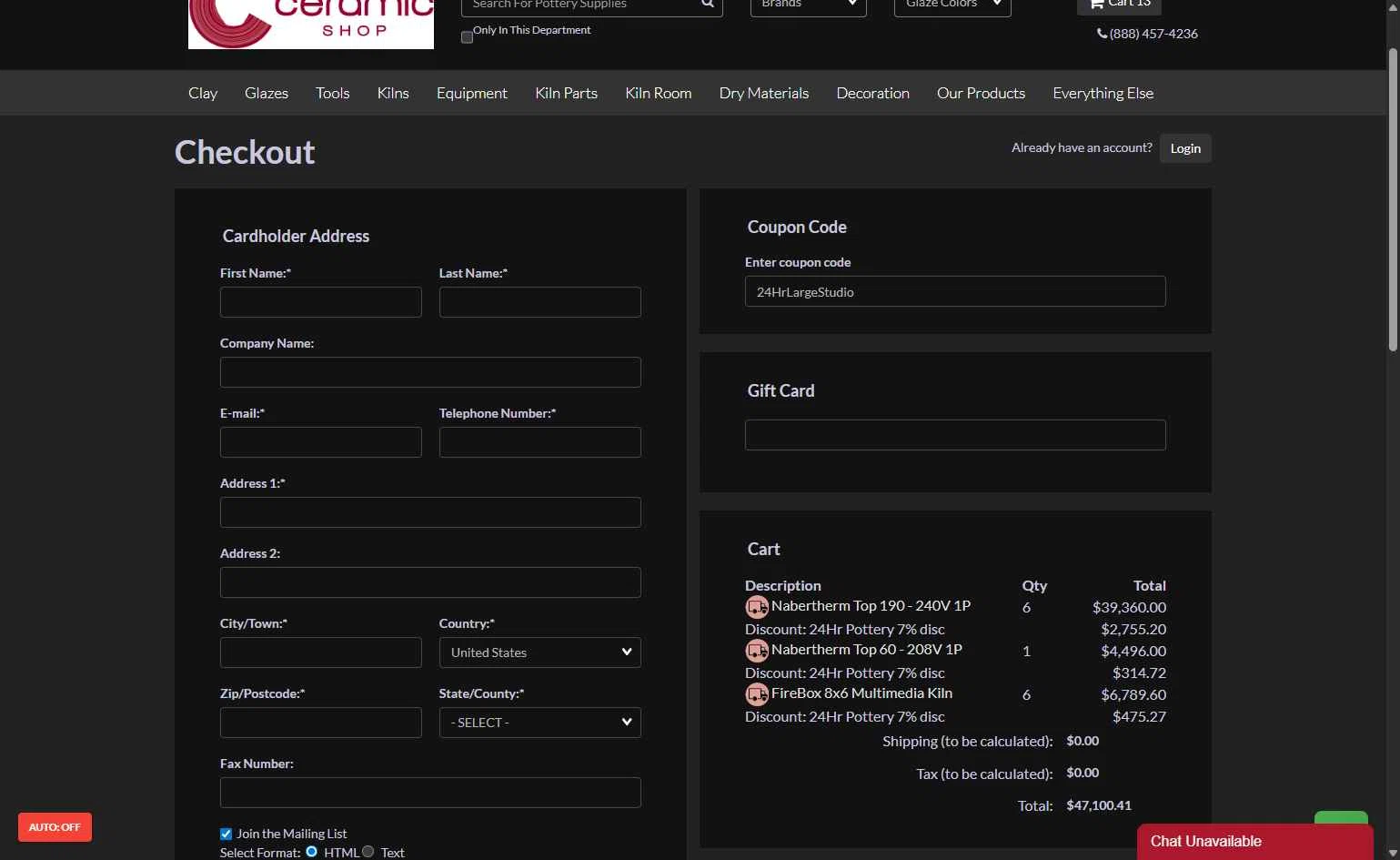 The Ceramic Shop checkout page showing The Ceramic Shop coupon code box | Screenshot taken by SimplyCodes community member on Nov 12, 2025