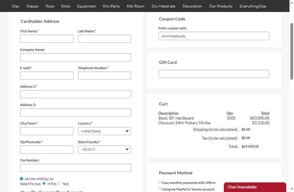 The Ceramic Shop checkout page showing The Ceramic Shop coupon code box | Screenshot taken by SimplyCodes community member on Nov 12, 2025