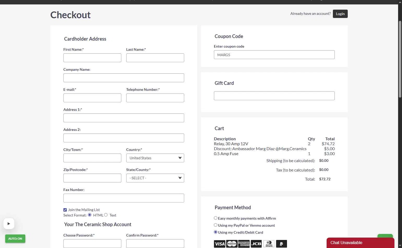 The Ceramic Shop checkout page showing The Ceramic Shop coupon code box | Screenshot taken by SimplyCodes community member on Feb 3, 2026