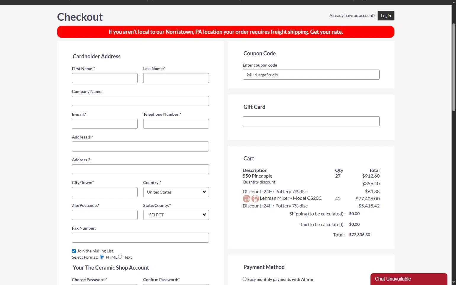 The Ceramic Shop checkout page showing The Ceramic Shop coupon code box | Screenshot taken by SimplyCodes community member on Jan 7, 2026