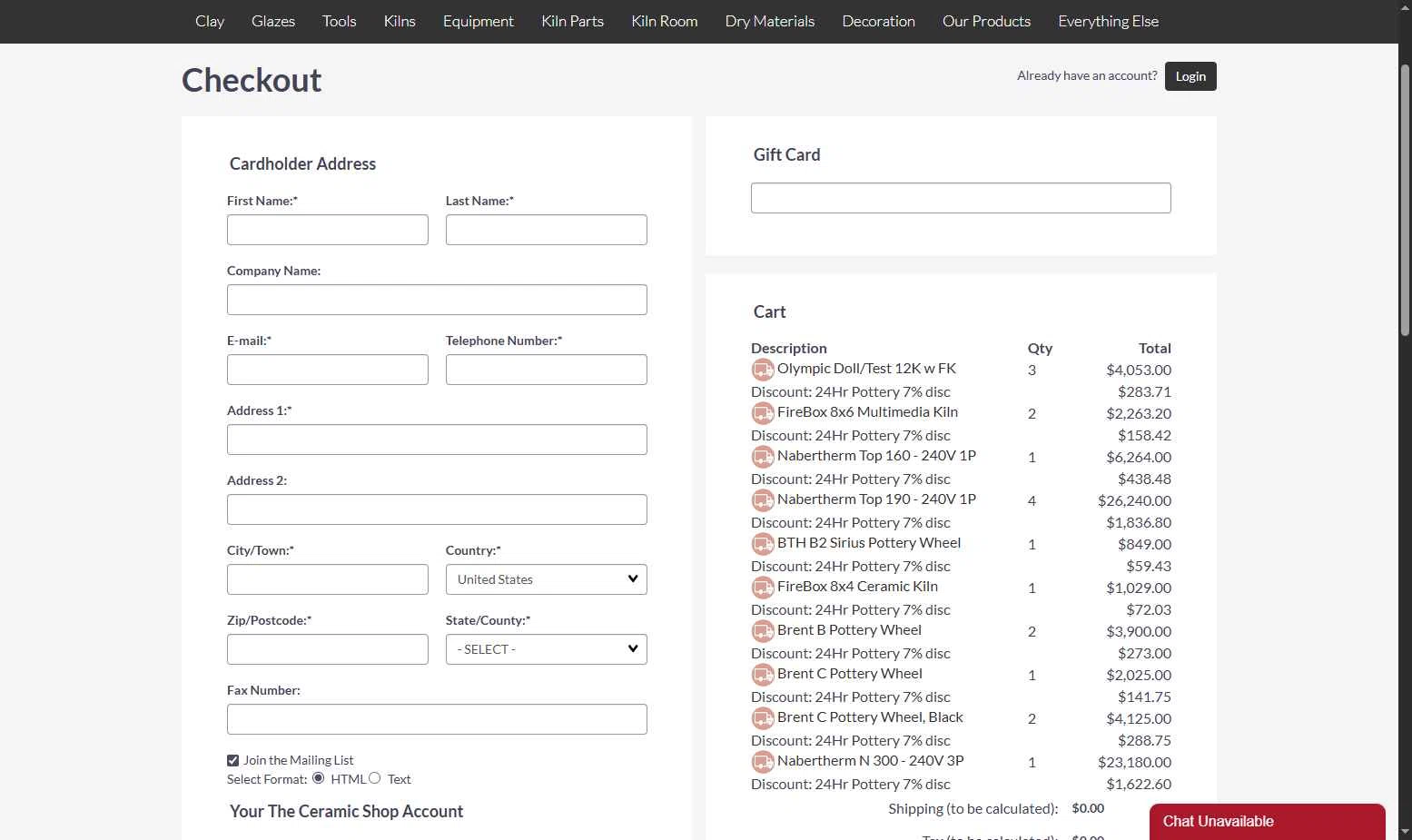 The Ceramic Shop checkout page showing The Ceramic Shop coupon code box | Screenshot taken by SimplyCodes community member on Nov 28, 2025