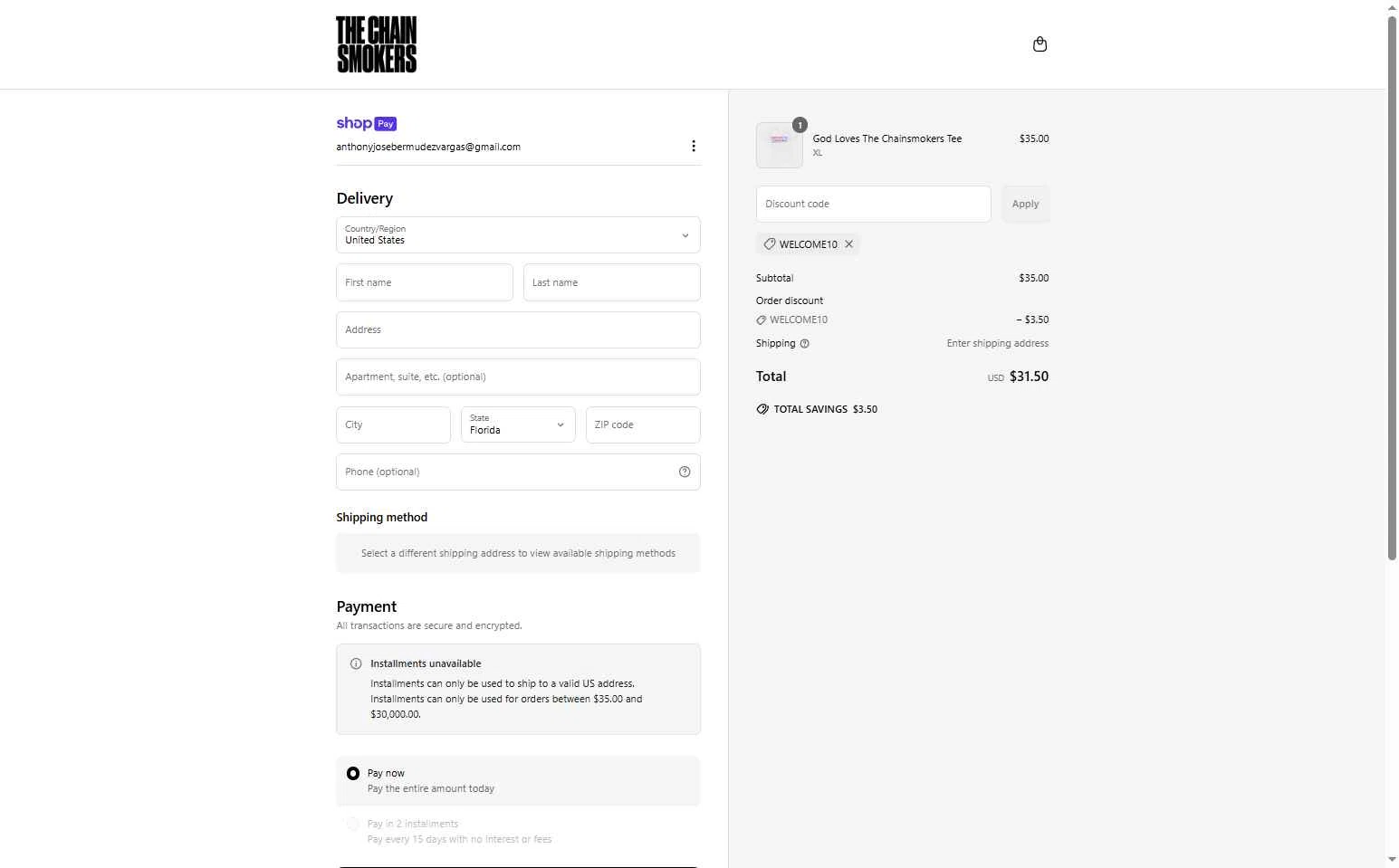 The Chainsmokers checkout page showing The Chainsmokers promo code box | Screenshot taken by SimplyCodes community member on Jun 27, 2025