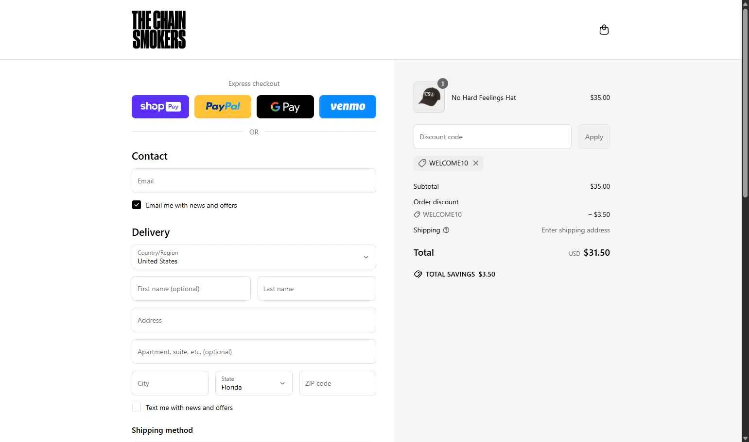 The Chainsmokers checkout page showing The Chainsmokers promo code box | Screenshot taken by SimplyCodes community member on Jun 27, 2025