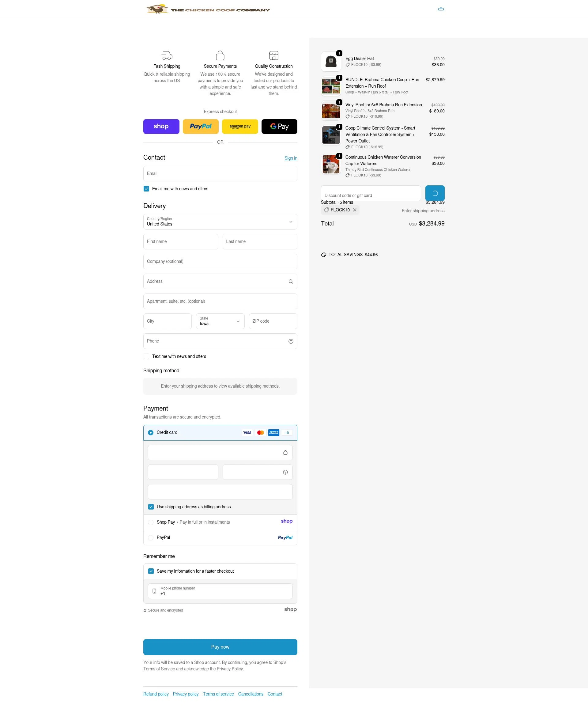 The Chicken Coop Company checkout page showing The Chicken Coop Company discount code box | Screenshot taken by SimplyCodes community member on Jan 5, 2026