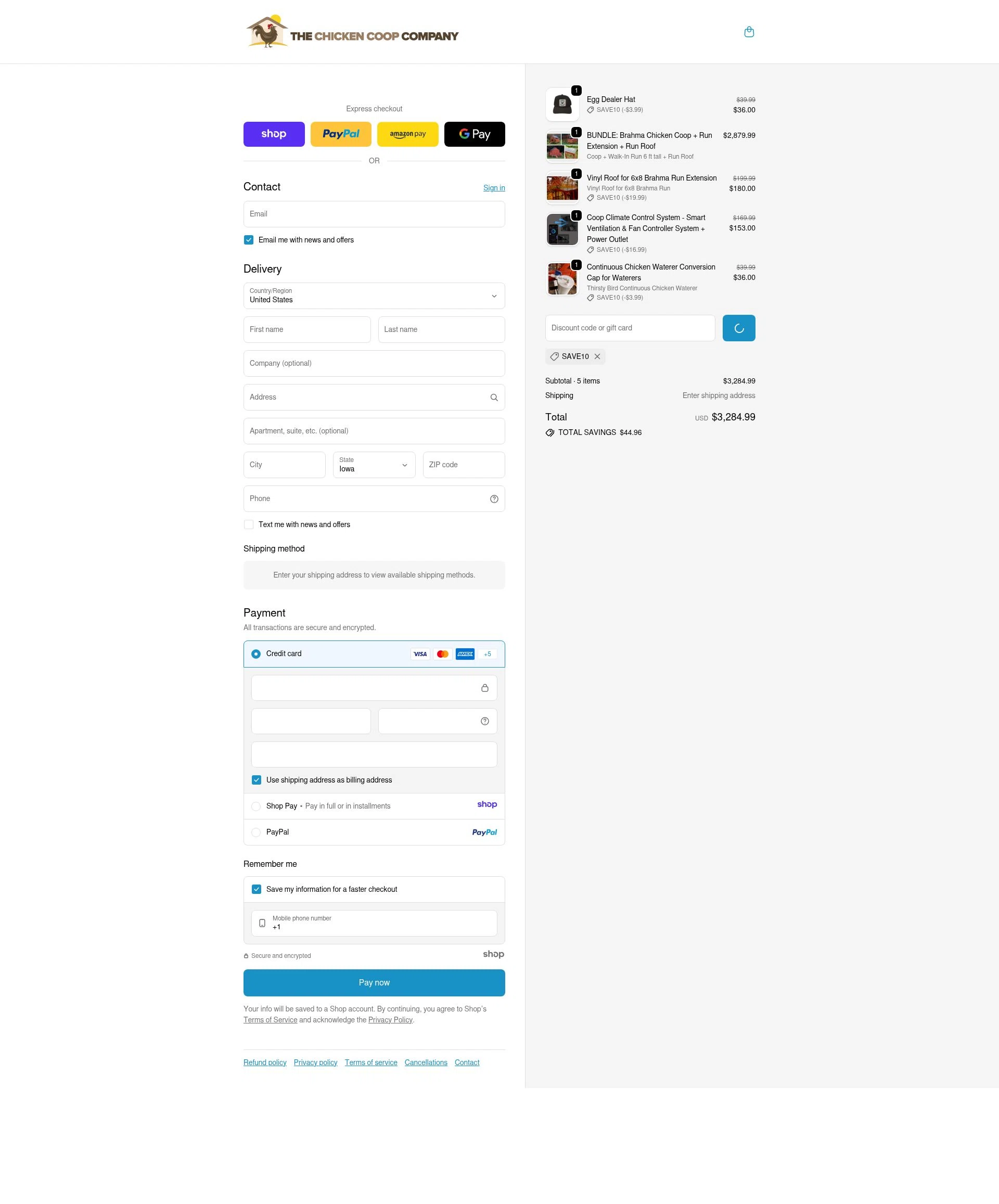 The Chicken Coop Company checkout page showing The Chicken Coop Company discount code box | Screenshot taken by SimplyCodes community member on Jan 10, 2026