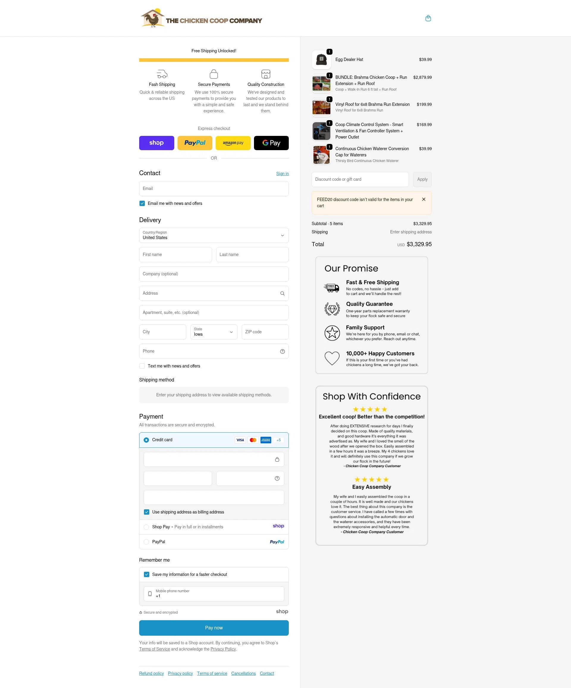 The Chicken Coop Company checkout page showing The Chicken Coop Company discount code box | Screenshot taken by SimplyCodes community member on Jan 5, 2026