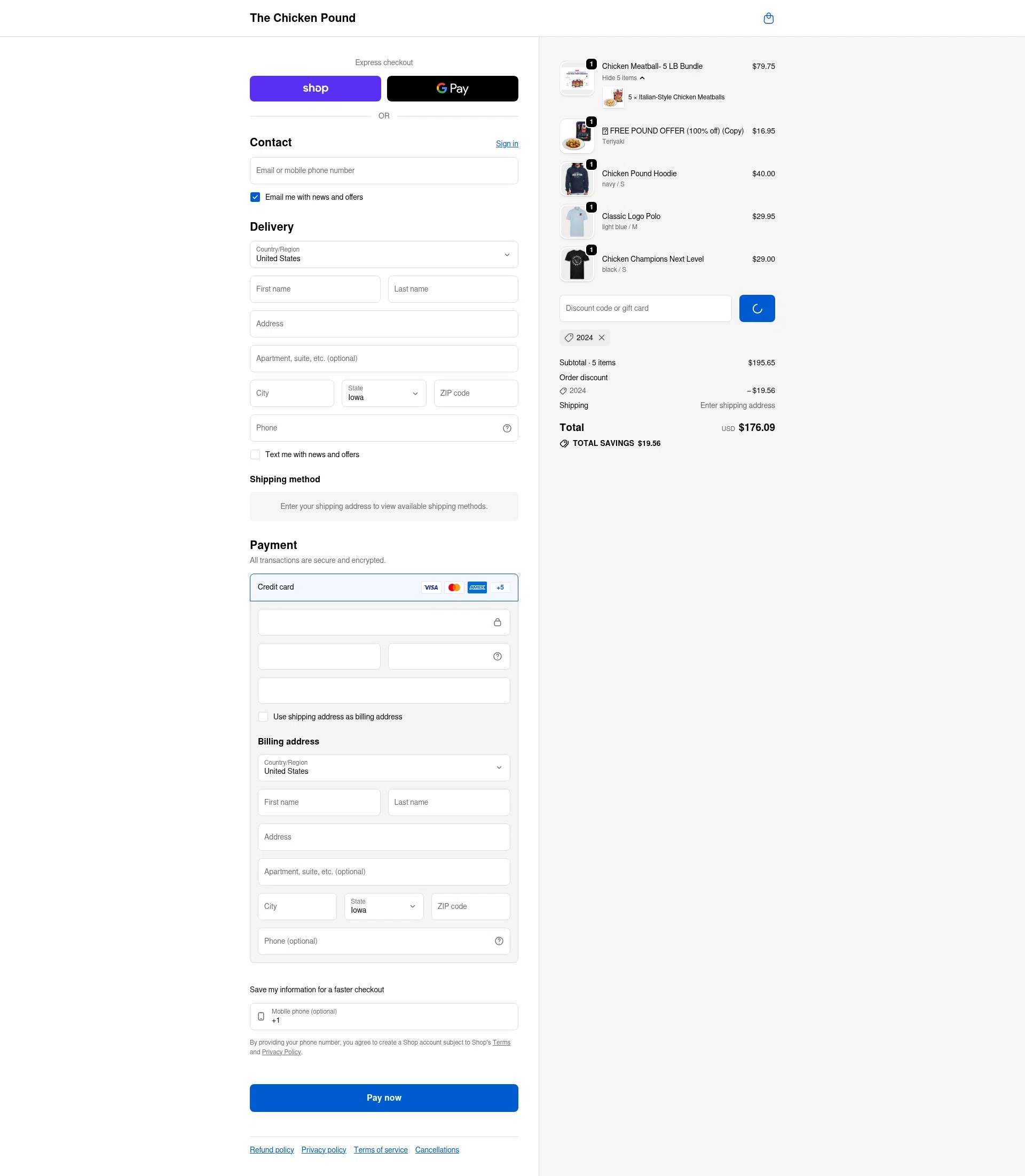 The Chicken Pound checkout page showing The Chicken Pound promo code box | Screenshot taken by SimplyCodes community member on Feb 6, 2026
