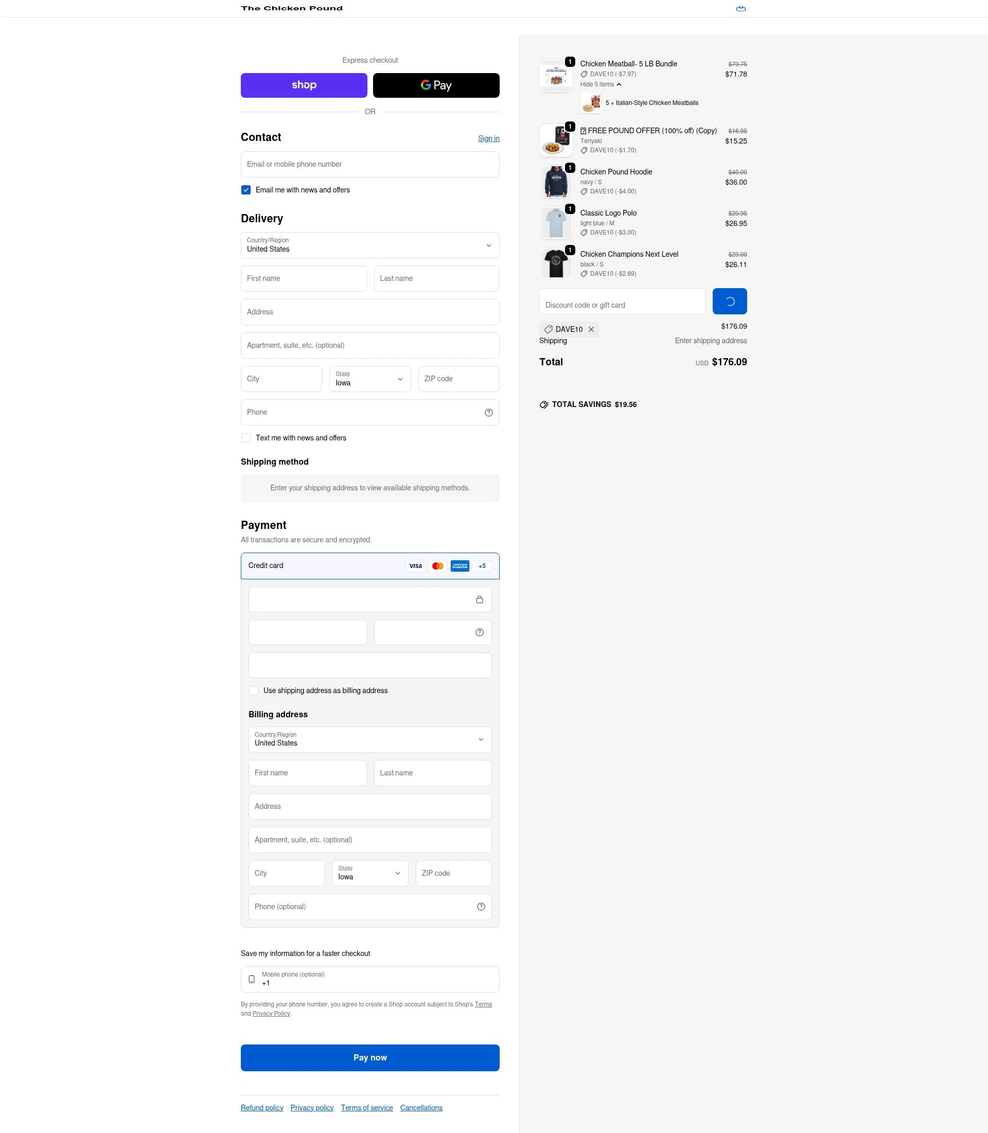 The Chicken Pound checkout page showing The Chicken Pound promo code box | Screenshot taken by SimplyCodes community member on Feb 6, 2026