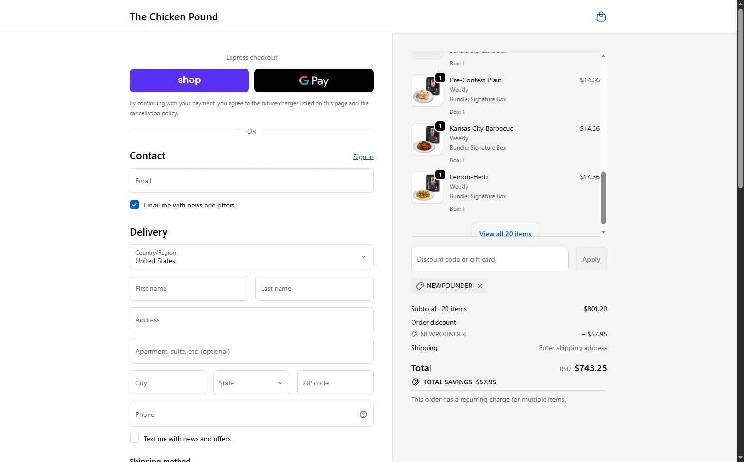 The Chicken Pound checkout page showing The Chicken Pound promo code box | Screenshot taken by SimplyCodes community member on Feb 6, 2026
