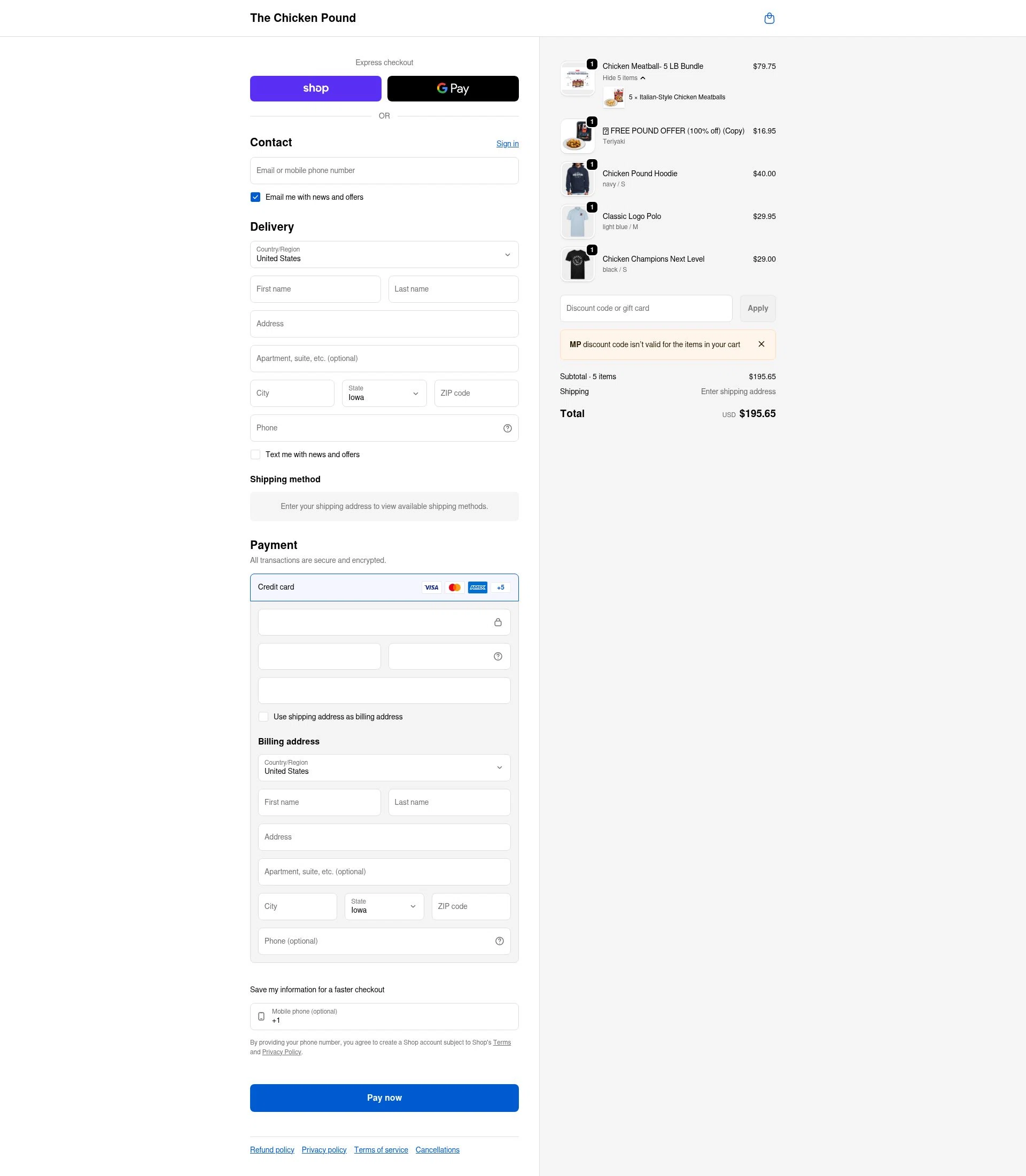 The Chicken Pound checkout page showing The Chicken Pound promo code box | Screenshot taken by SimplyCodes community member on Feb 6, 2026