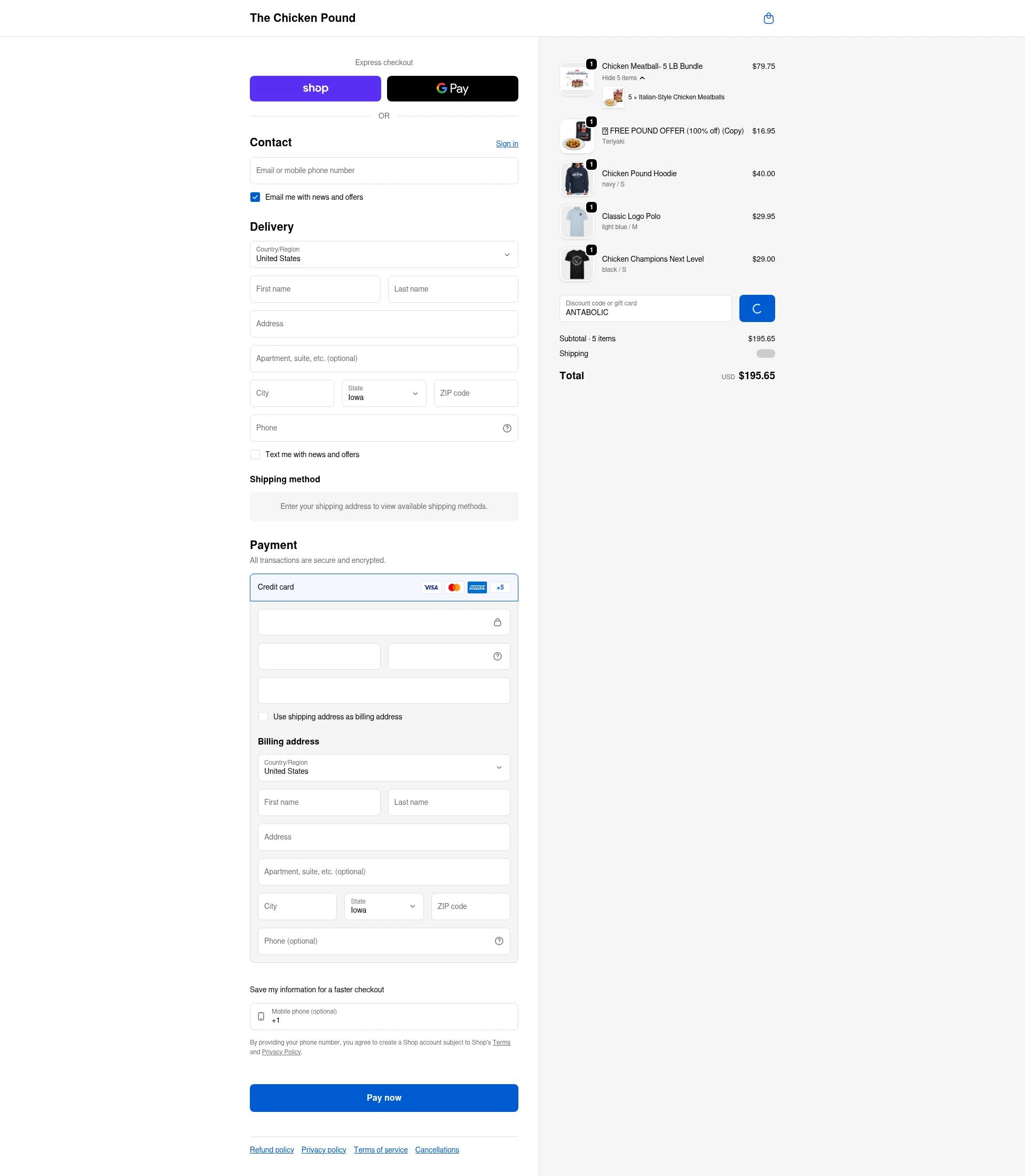 The Chicken Pound checkout page showing The Chicken Pound promo code box | Screenshot taken by SimplyCodes community member on Feb 6, 2026