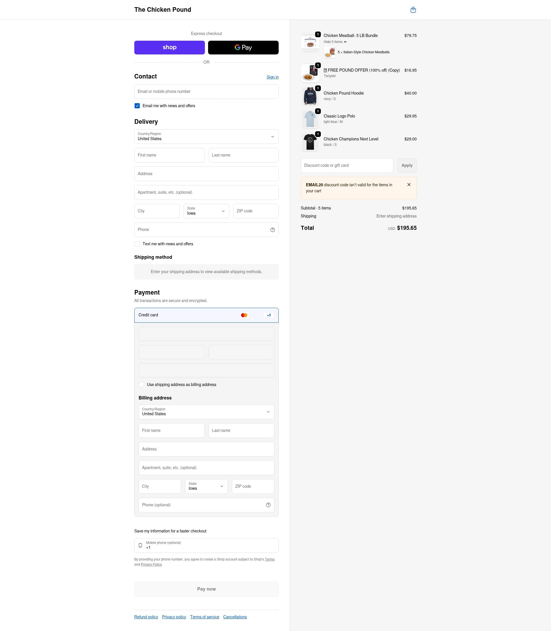 The Chicken Pound checkout page showing The Chicken Pound promo code box | Screenshot taken by SimplyCodes community member on Feb 6, 2026