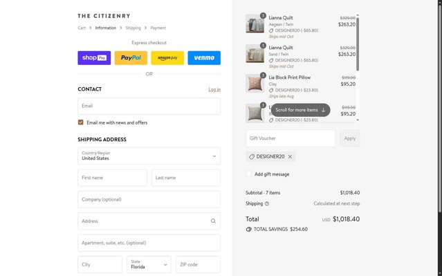 The Citizenry checkout page showing The Citizenry promo code box | Screenshot taken by SimplyCodes community member on Aug 14, 2025