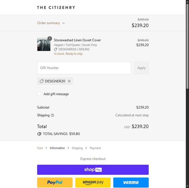 The Citizenry checkout page showing The Citizenry promo code box | Screenshot taken by SimplyCodes community member on Jul 23, 2025