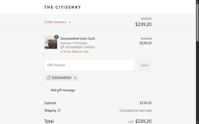 The Citizenry checkout page showing The Citizenry promo code box | Screenshot taken by SimplyCodes community member on Jul 23, 2025