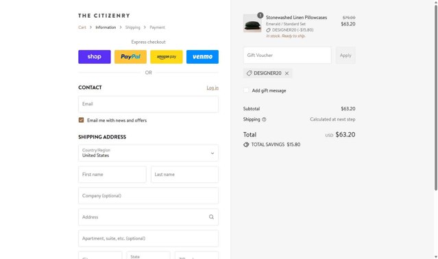 The Citizenry checkout page showing The Citizenry promo code box | Screenshot taken by SimplyCodes community member on Aug 10, 2025