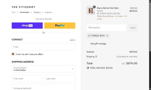 The Citizenry checkout page showing The Citizenry promo code box | Screenshot taken by SimplyCodes community member on Aug 12, 2025