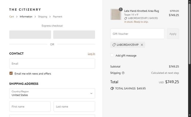 The Citizenry checkout page showing The Citizenry promo code box | Screenshot taken by SimplyCodes community member on Aug 29, 2025