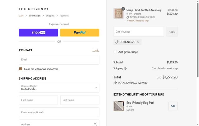 The Citizenry checkout page showing The Citizenry promo code box | Screenshot taken by SimplyCodes community member on Jul 23, 2025