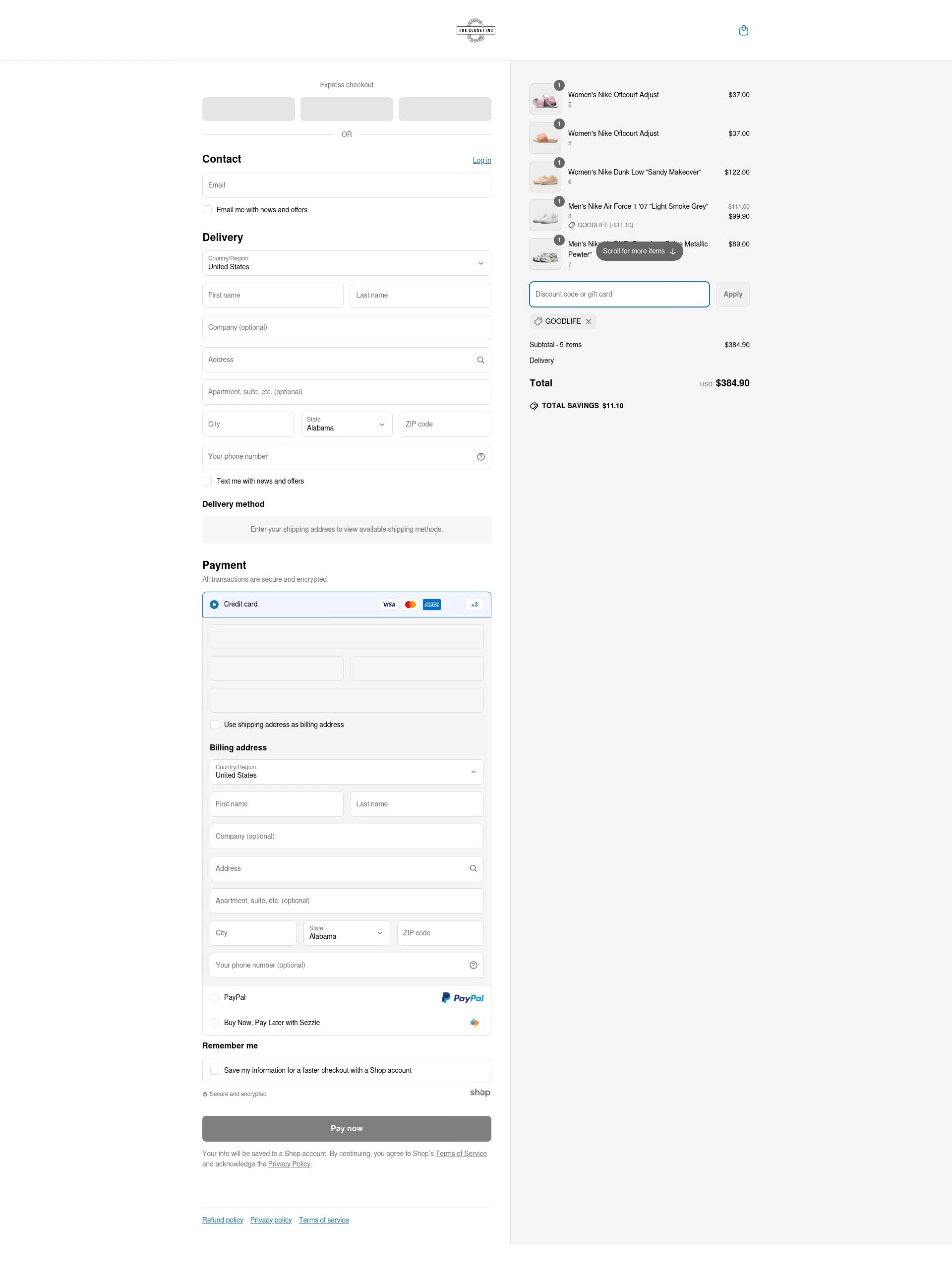 The Closet Inc checkout page showing The Closet Inc promo code box | Screenshot taken by SimplyCodes community member on May 2, 2025
