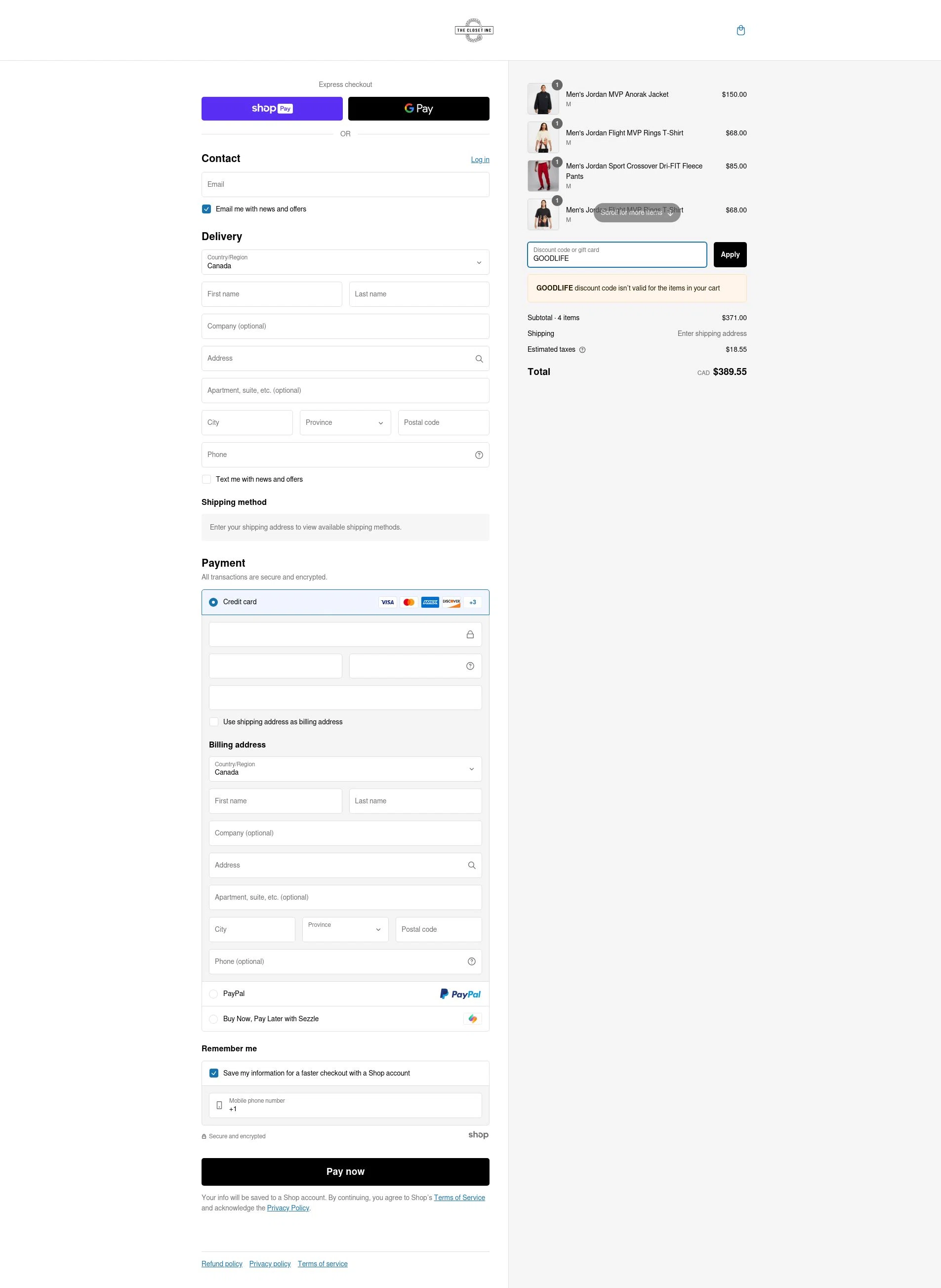 The Closet Inc checkout page showing The Closet Inc promo code box | Screenshot taken by SimplyCodes community member on Feb 13, 2025
