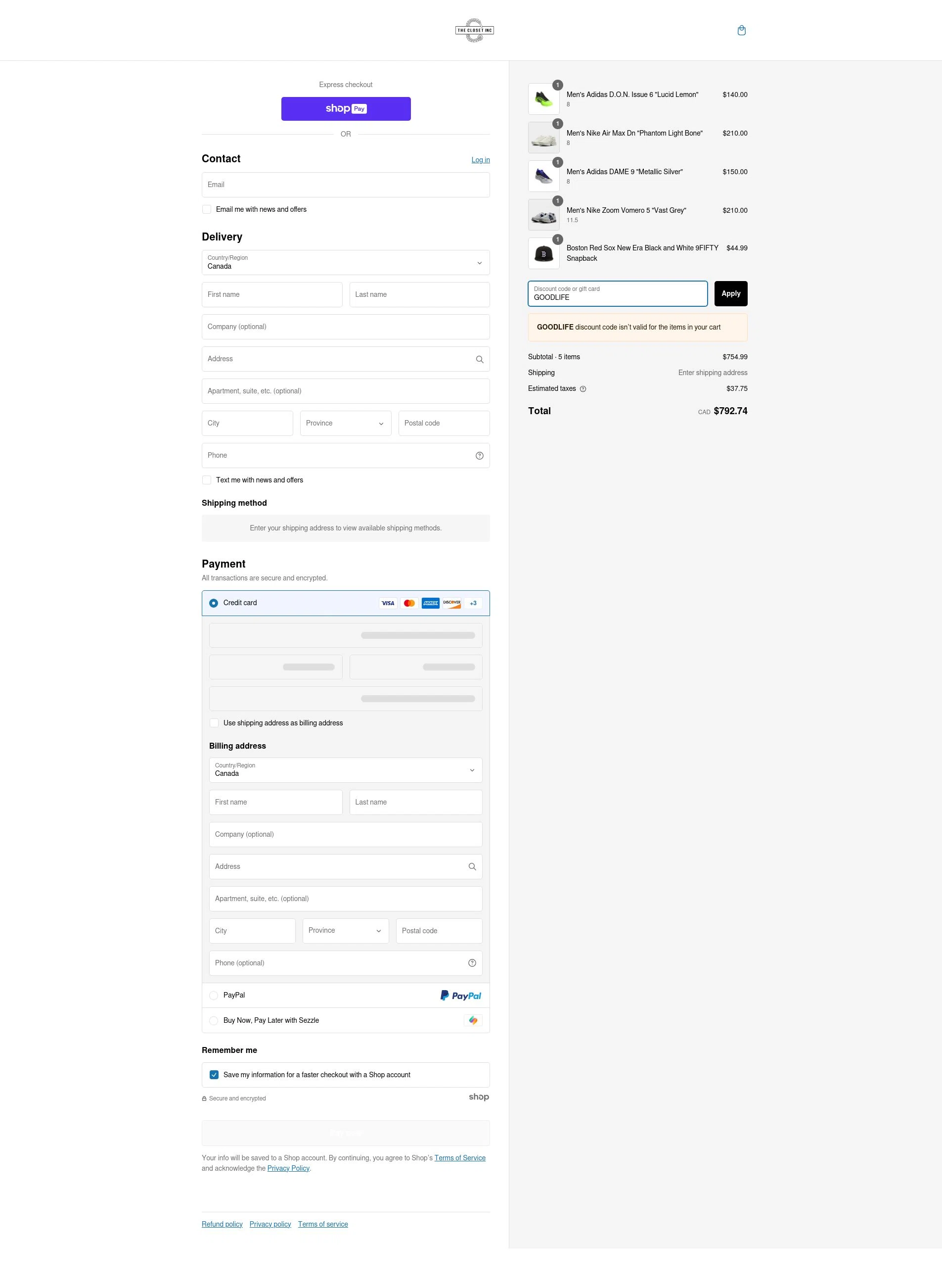 The Closet Inc checkout page showing The Closet Inc promo code box | Screenshot taken by SimplyCodes community member on Feb 24, 2025