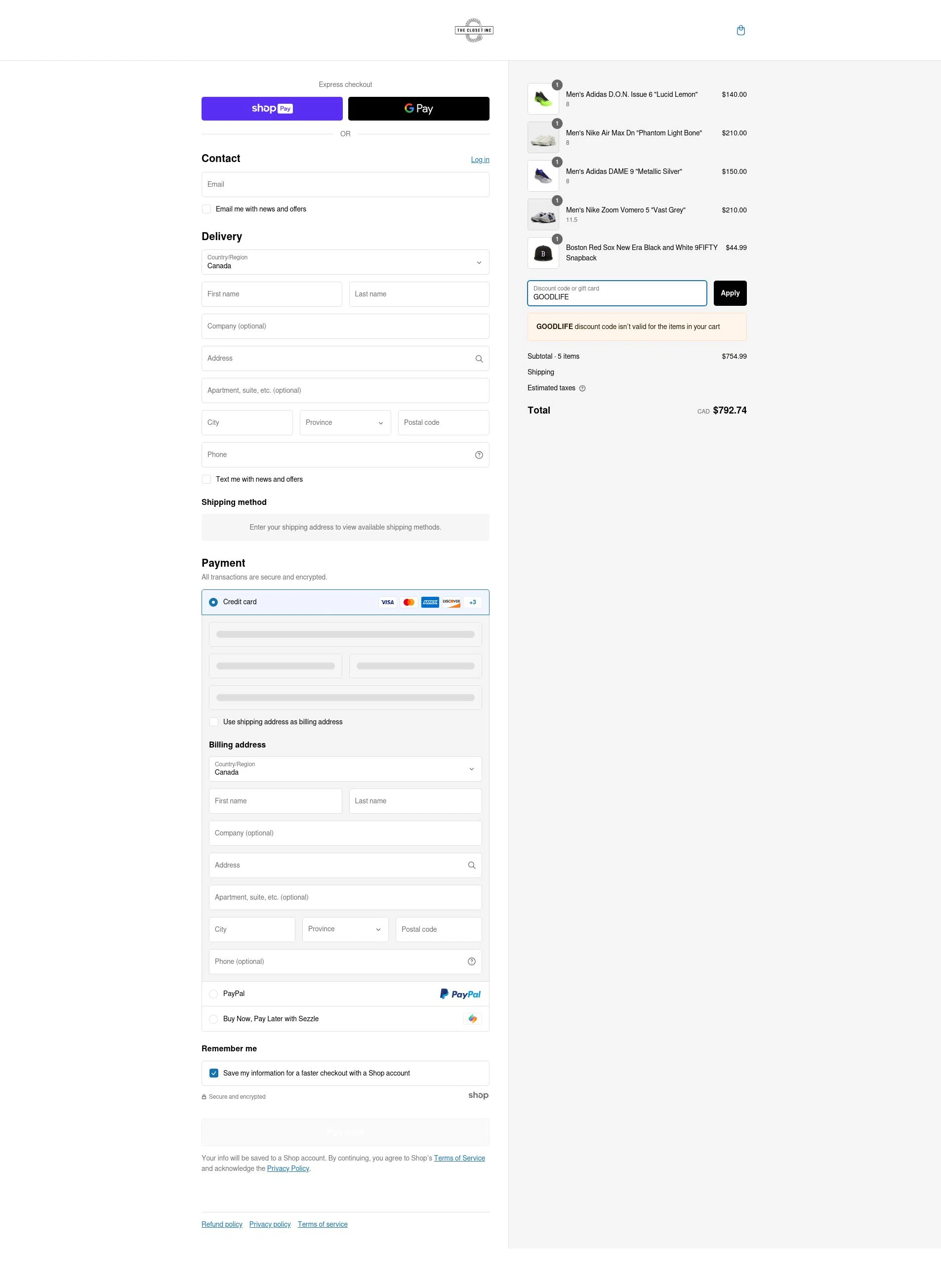 The Closet Inc checkout page showing The Closet Inc promo code box | Screenshot taken by SimplyCodes community member on Feb 18, 2025