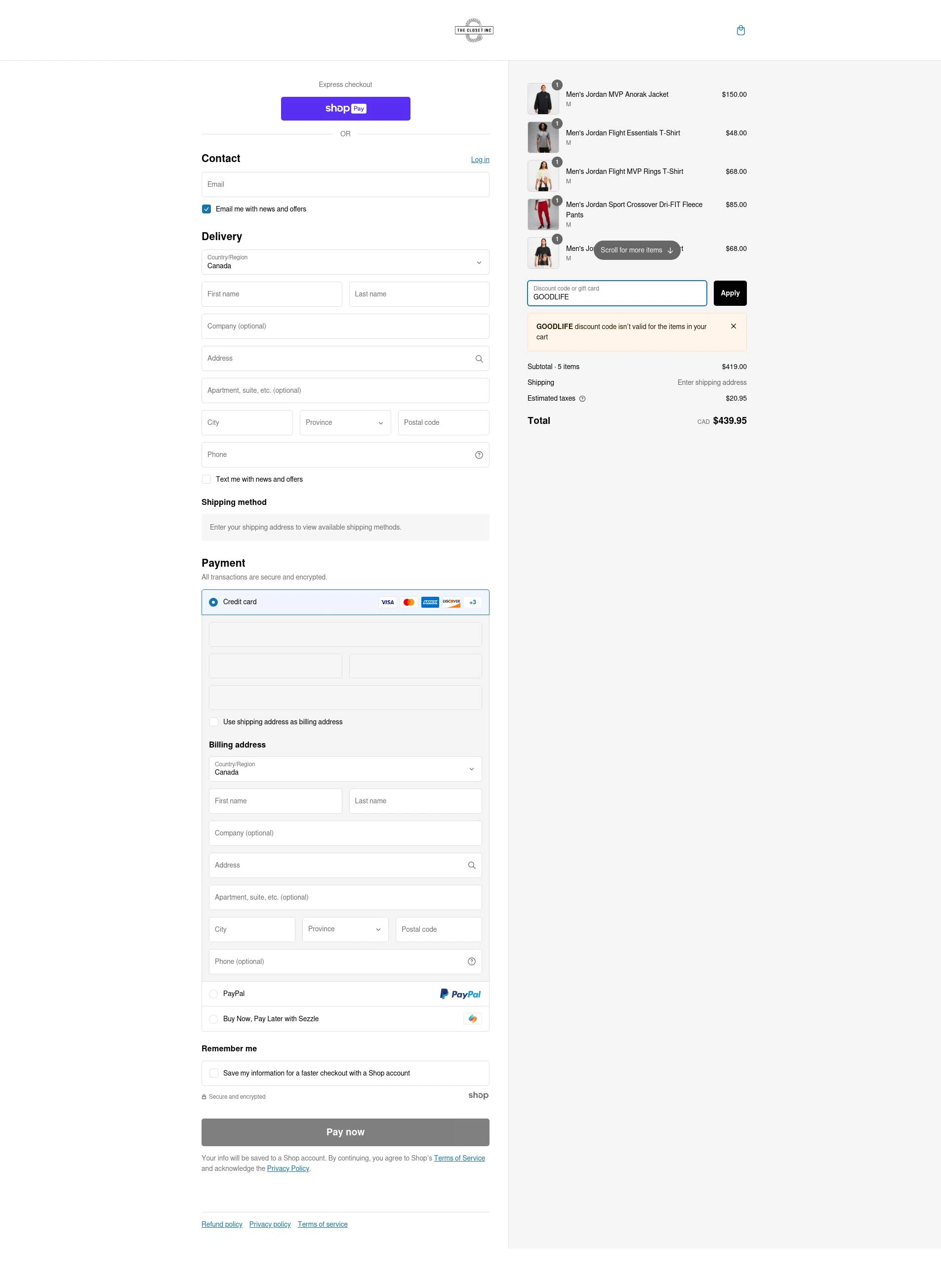 The Closet Inc checkout page showing The Closet Inc promo code box | Screenshot taken by SimplyCodes community member on Feb 9, 2025