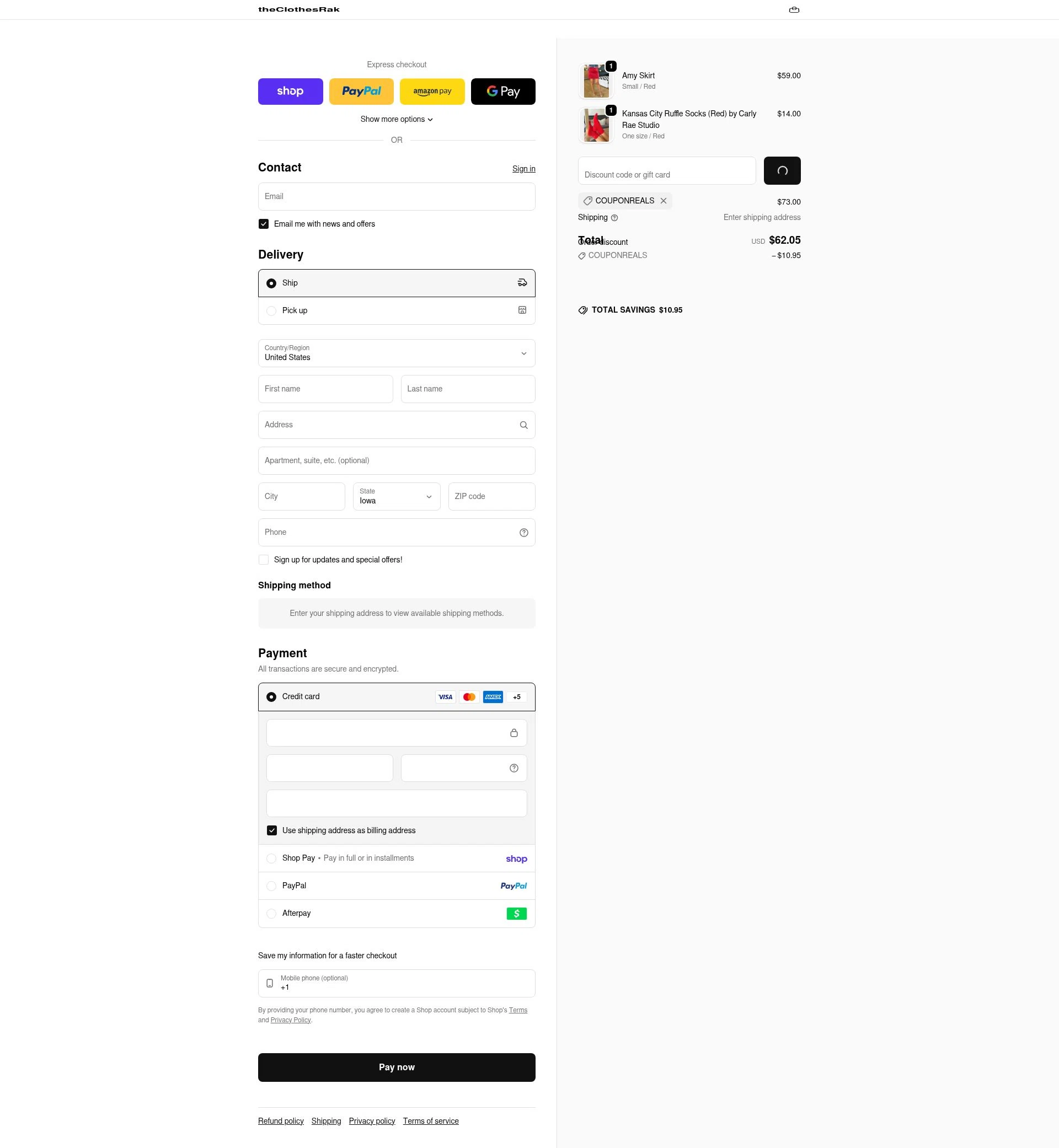 TheClothesRak checkout page showing TheClothesRak promo code box | Screenshot taken by SimplyCodes community member on Feb 17, 2026
