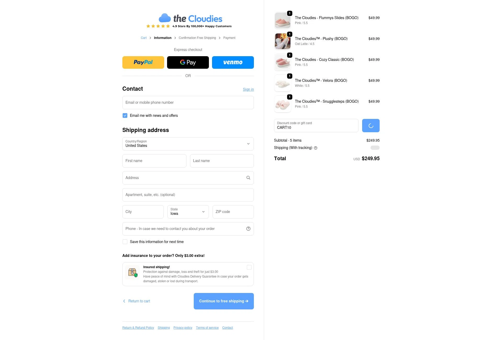 The Cloudies checkout page showing The Cloudies coupon code box | Screenshot taken by SimplyCodes community member on Feb 19, 2026