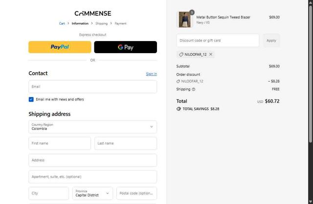 Commense checkout page showing Commense discount code box | Screenshot taken by SimplyCodes community member on Sep 13, 2025