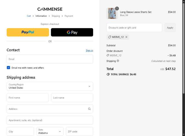 Commense checkout page showing Commense discount code box | Screenshot taken by SimplyCodes community member on Sep 13, 2025