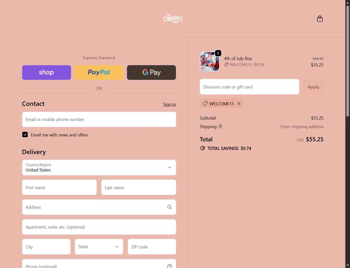 The Confetti Code checkout page showing The Confetti Code promo code box | Screenshot taken by SimplyCodes community member on Jan 23, 2026