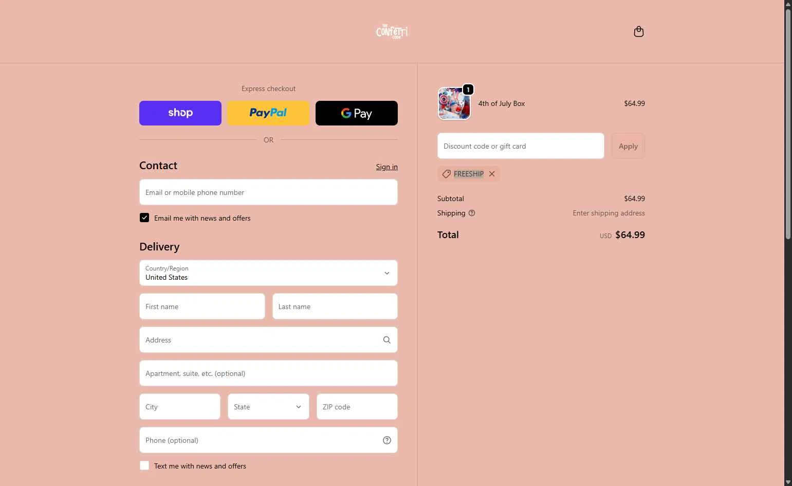 The Confetti Code checkout page showing The Confetti Code promo code box | Screenshot taken by SimplyCodes community member on Feb 21, 2026