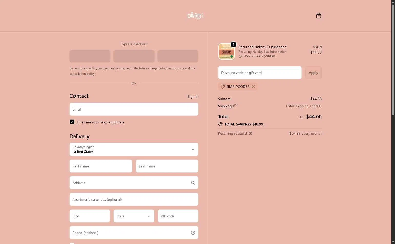The Confetti Code checkout page showing The Confetti Code promo code box | Screenshot taken by SimplyCodes community member on Feb 19, 2026