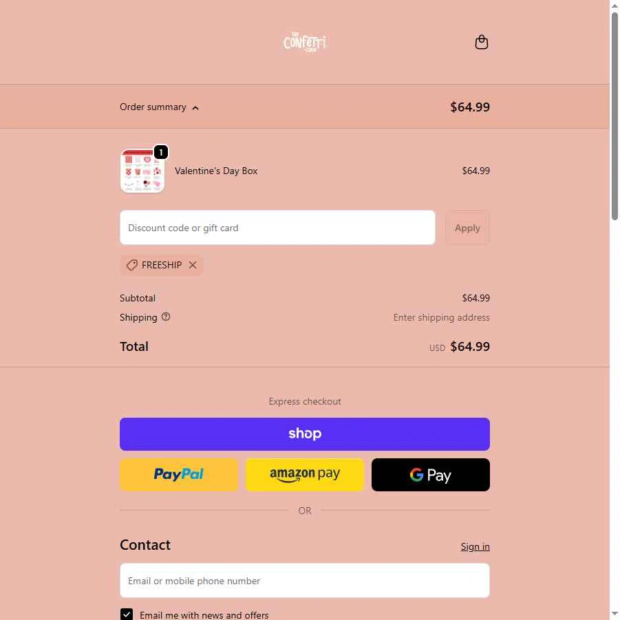 The Confetti Code checkout page showing The Confetti Code promo code box | Screenshot taken by SimplyCodes community member on Dec 25, 2025
