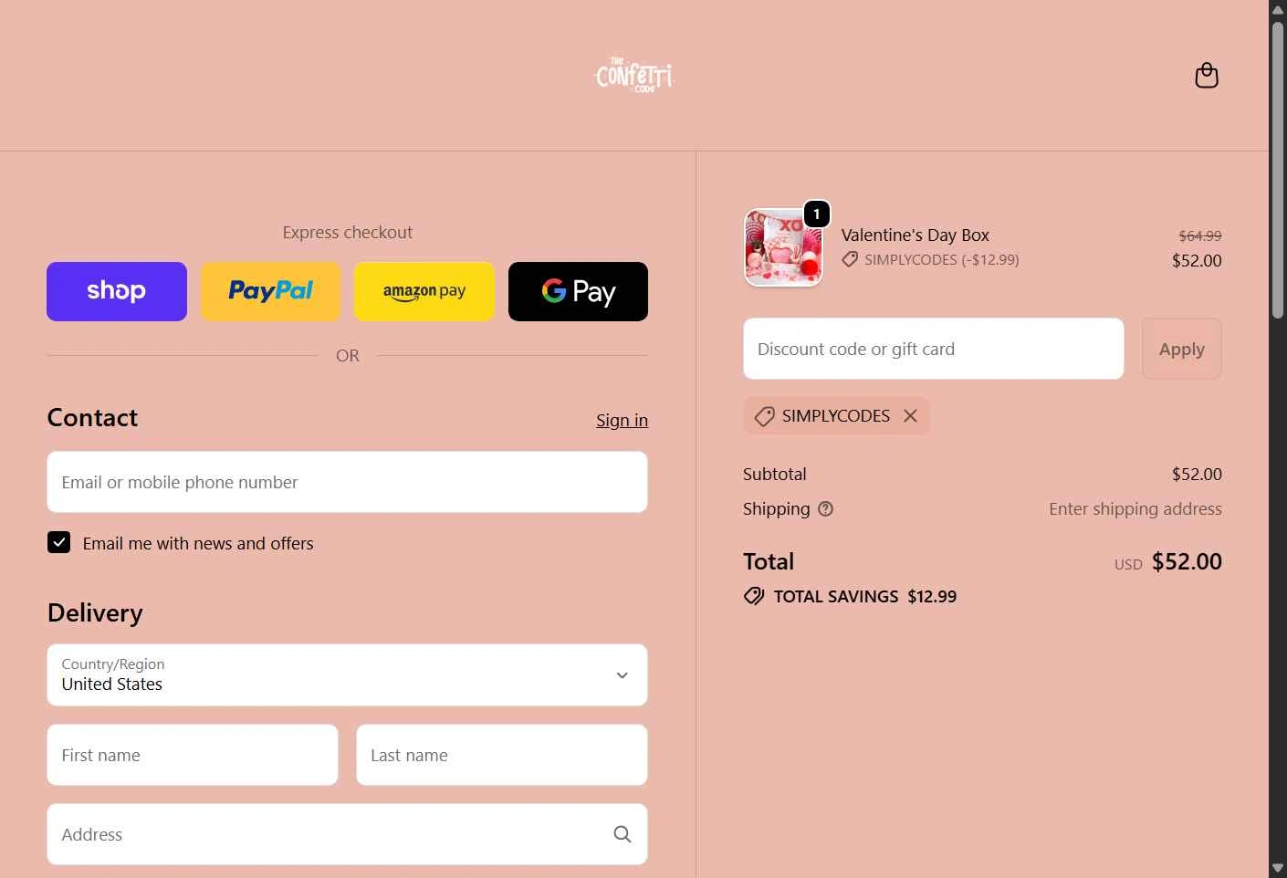 The Confetti Code checkout page showing The Confetti Code promo code box | Screenshot taken by SimplyCodes community member on Jan 21, 2026
