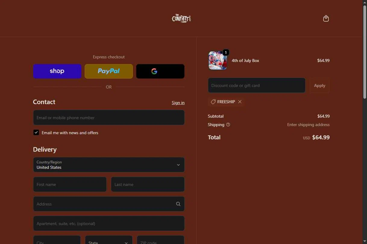 The Confetti Code checkout page showing The Confetti Code promo code box | Screenshot taken by SimplyCodes community member on Jan 23, 2026