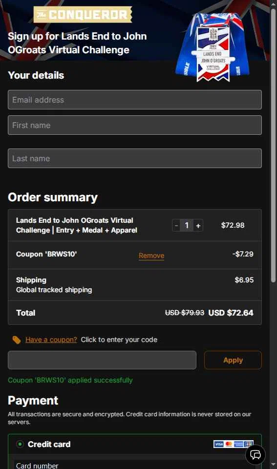 The Conqueror checkout page showing The Conqueror promo code box | Screenshot taken by SimplyCodes community member on Dec 18, 2025