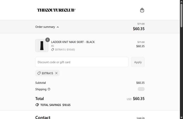 The Couture Club checkout page showing The Couture Club discount code box | Screenshot taken by SimplyCodes community member on Sep 5, 2025