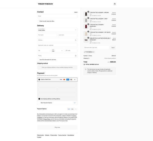 The Couture Club checkout page showing The Couture Club discount code box | Screenshot taken by SimplyCodes community member on Sep 7, 2025