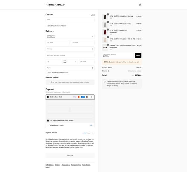 The Couture Club checkout page showing The Couture Club discount code box | Screenshot taken by SimplyCodes community member on Sep 7, 2025