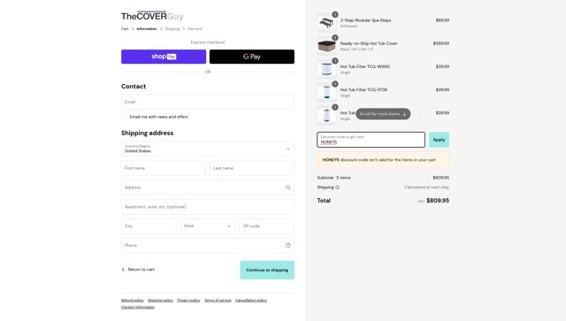 The Cover Guy checkout page showing The Cover Guy discount code box | Screenshot taken by SimplyCodes community member on Feb 13, 2025