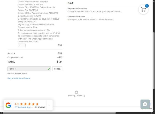 The Credit App checkout page showing The Credit App promo code box | Screenshot taken by SimplyCodes community member on Sep 9, 2025