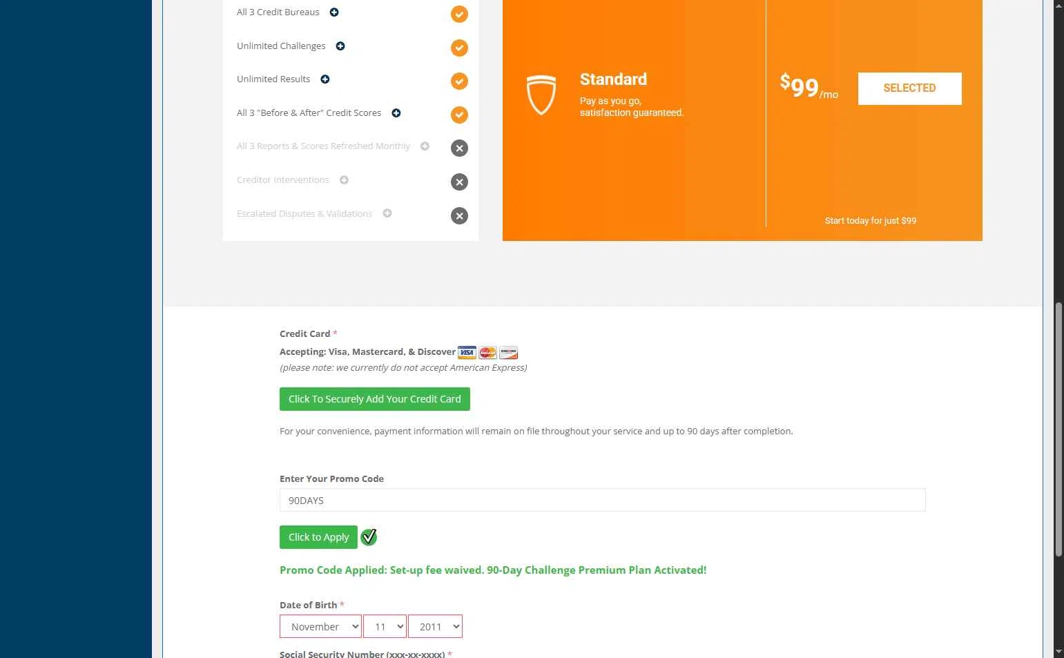 The Credit People checkout page showing The Credit People promo code box | Screenshot taken by SimplyCodes community member on Jun 7, 2025